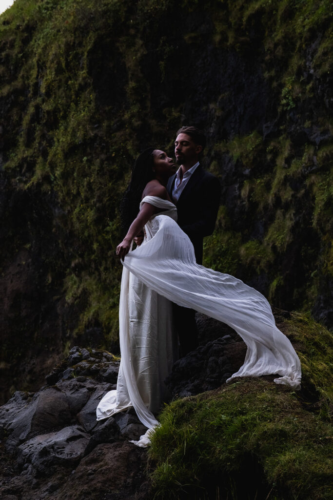 moody iceland waterfall elopement