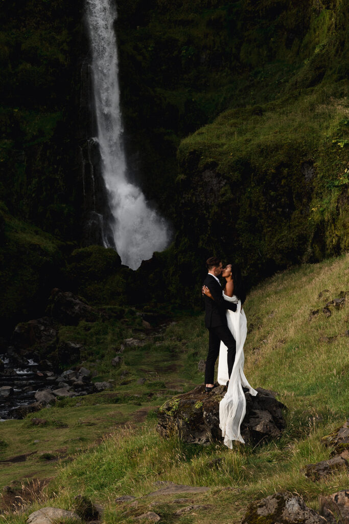 moody iceland waterfall elopement