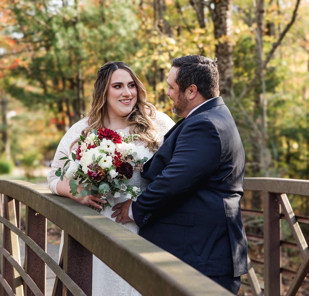 fall bride and groom portraits at the stowe rec path