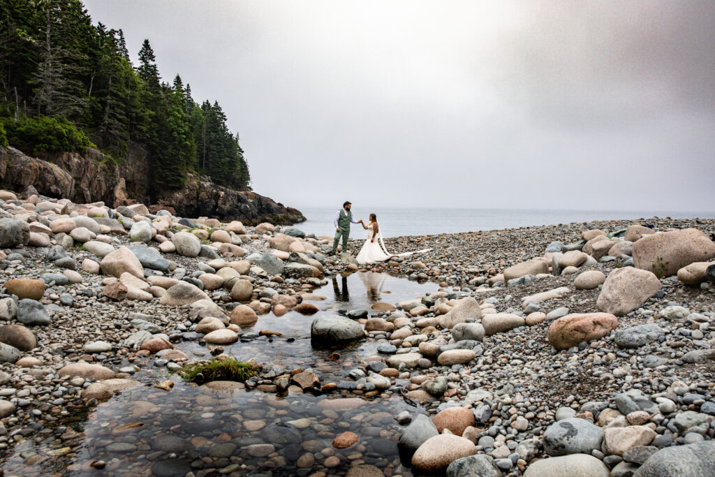 Couple eloping at Hunters Beach, Acadia National Park